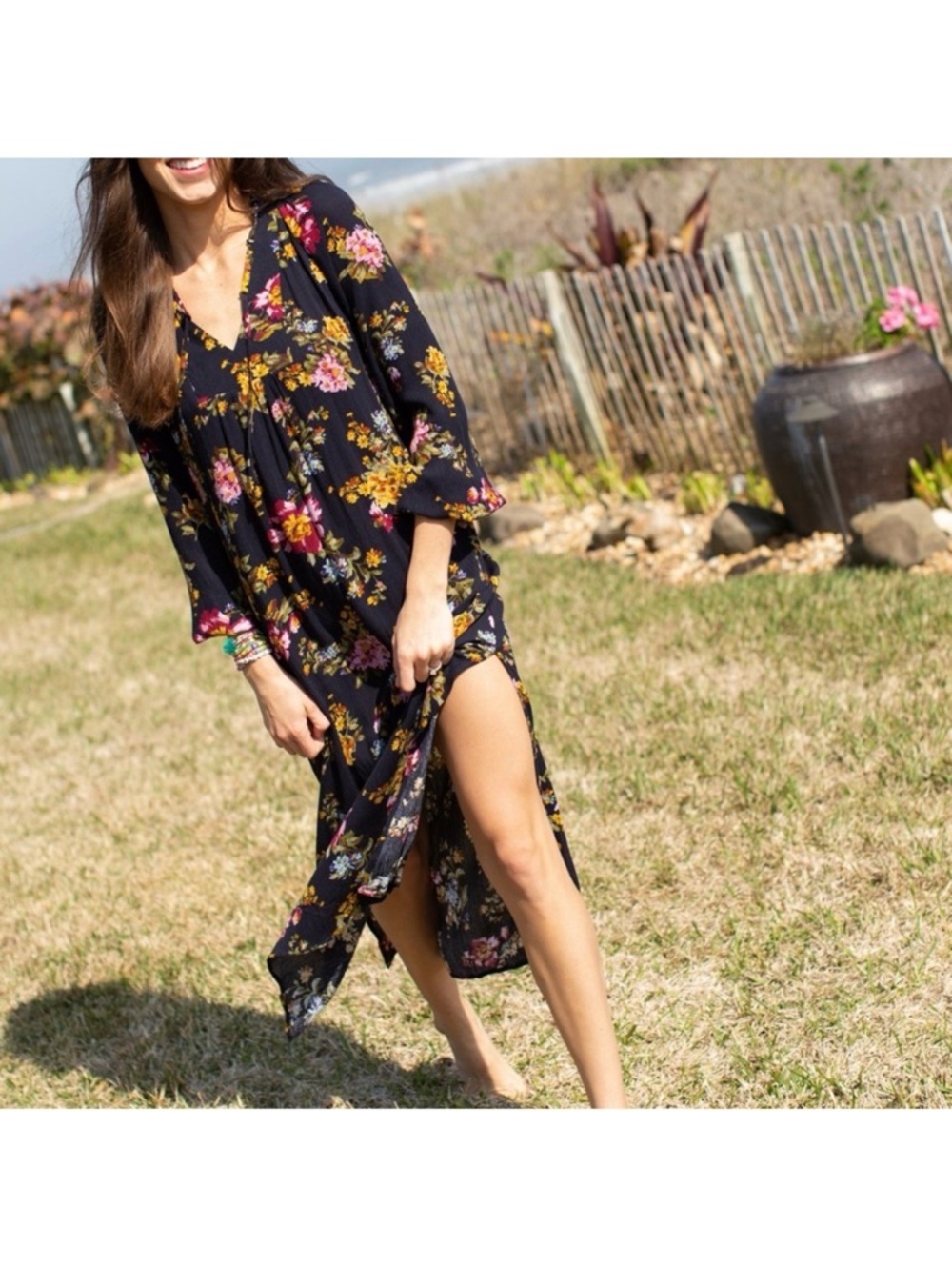 Natural Life Navy Floral Midi Dress Large NWT Boho Summer Vacation Rayon